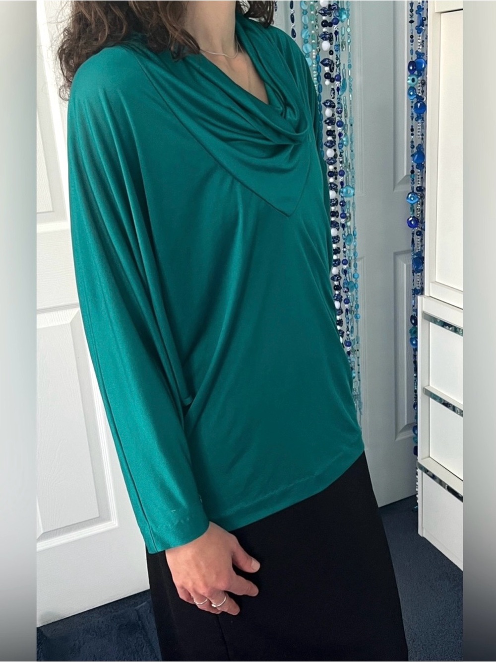 🇨🇦 Vintage Teal Draped Cowl Neck Tunic Top • Fluid Soft Feel• Day to Evening